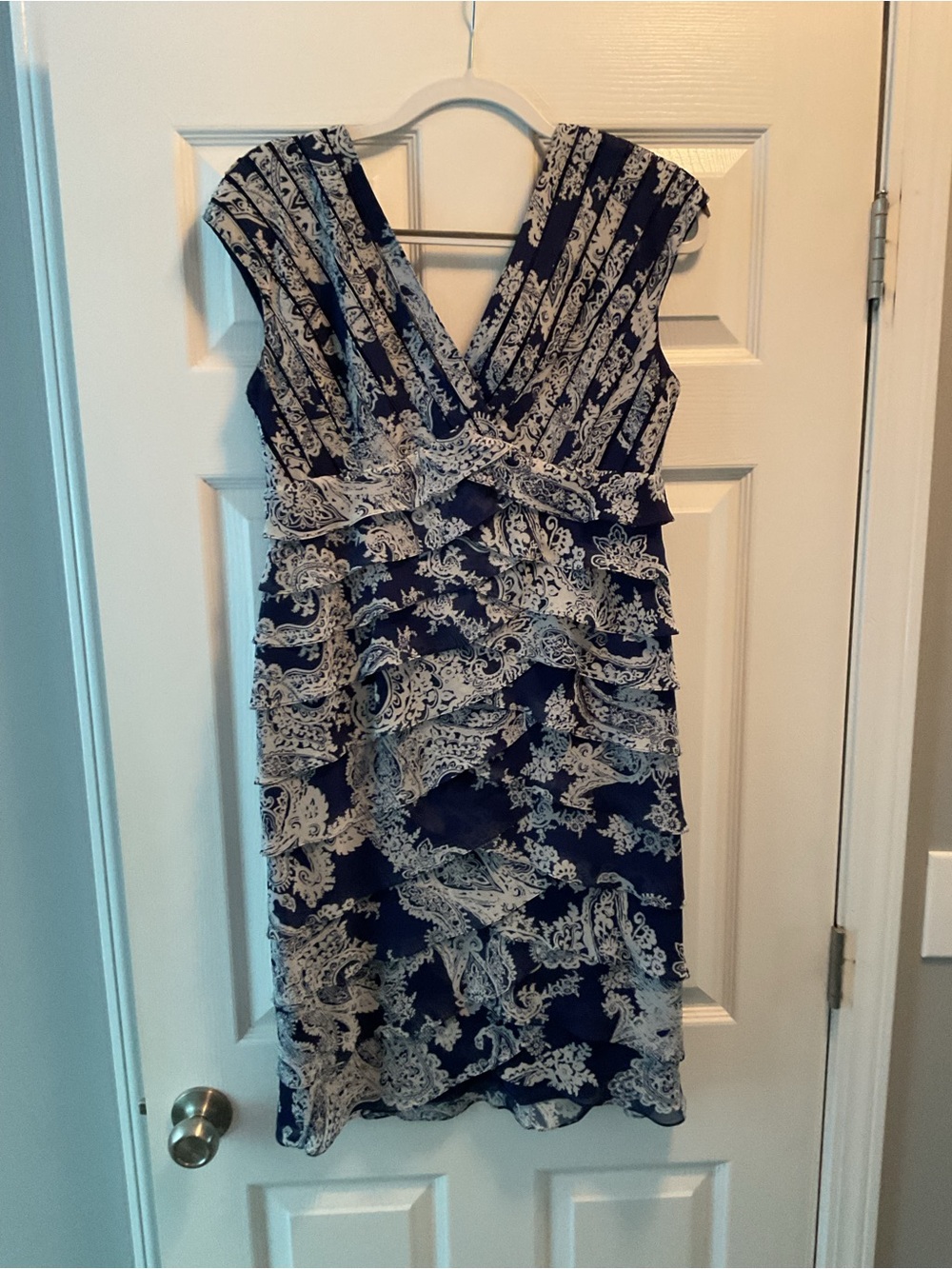 Adrianna Papell Navy with Cream Lace-Overlay V-Neck Ruffled Midi Dress